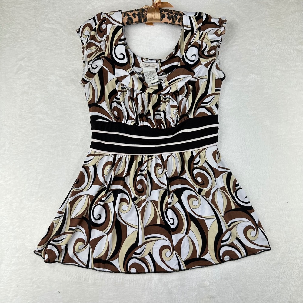 Speechless Tunic Top Womens M Brown Swirl Babydoll Y2K Retro Psychedelic Poly